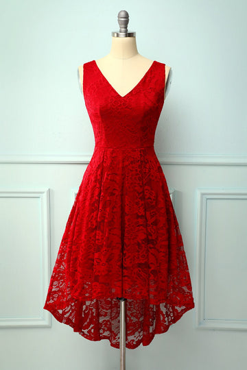Dark Red Lace Asymmetrical Dress
